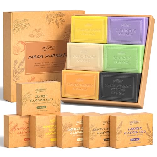 Natural Soap Bar Gift Set for Women - Tea Tree, Lavender, Oatmeal, Bamboo Charcoal, Turmeric - Hand & Body Wash Collection - Damaged Box