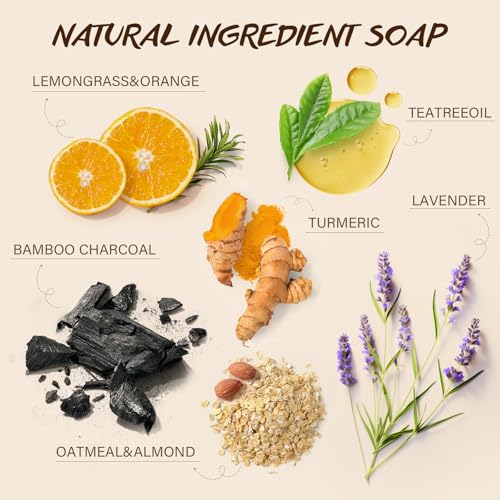 Natural Soap Bar Gift Set for Women - Tea Tree, Lavender, Oatmeal, Bamboo Charcoal, Turmeric - Hand & Body Wash Collection - Damaged Box