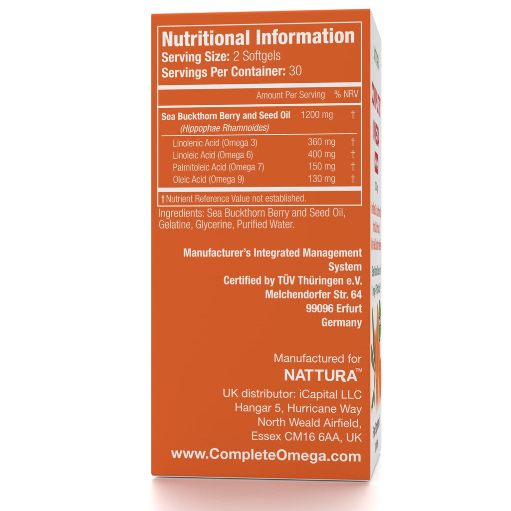 Complete Omega 3-6-7-9 Sea Buckthorn Oil 1200mg - Pure Whole Berries Non-GMO Kosher cGMP 60 Capsules - Damaged Box - BBE 03/2028