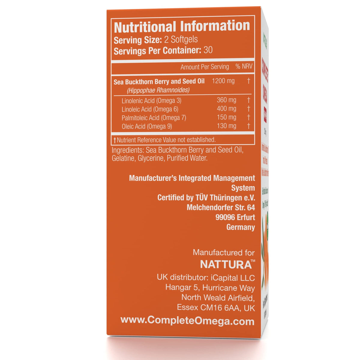 Complete Omega 3-6-7-9 Sea Buckthorn Oil 1200mg - Pure Whole Berries Non-GMO Kosher cGMP 60 Capsules - Damaged Box - BBE 03/2028