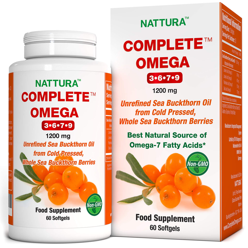 Complete Omega 3-6-7-9 Sea Buckthorn Oil 1200mg - Pure Whole Berries Non-GMO Kosher cGMP 60 Capsules - Damaged Box - BBE 03/2028