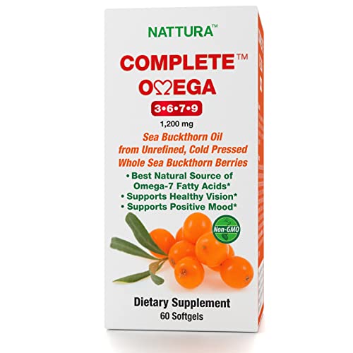 Complete Omega 3-6-7-9 Sea Buckthorn Oil 1200mg - Pure Whole Berries Non-GMO Kosher cGMP 60 Capsules - Damaged Box - BBE 03/2028