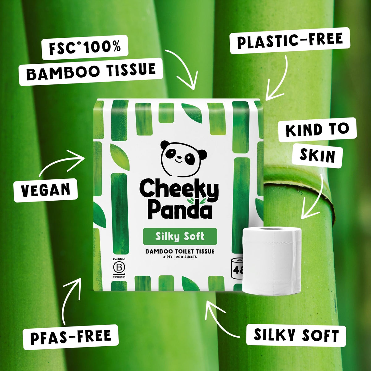 The Cheeky Panda Bamboo Toilet Rolls Bulk Buy - 48 Rolls of 3 Ply Toilet Paper | Plastic Free Packaging and Sustainable Tissue Paper | Compostable Loo Roll - Very Good