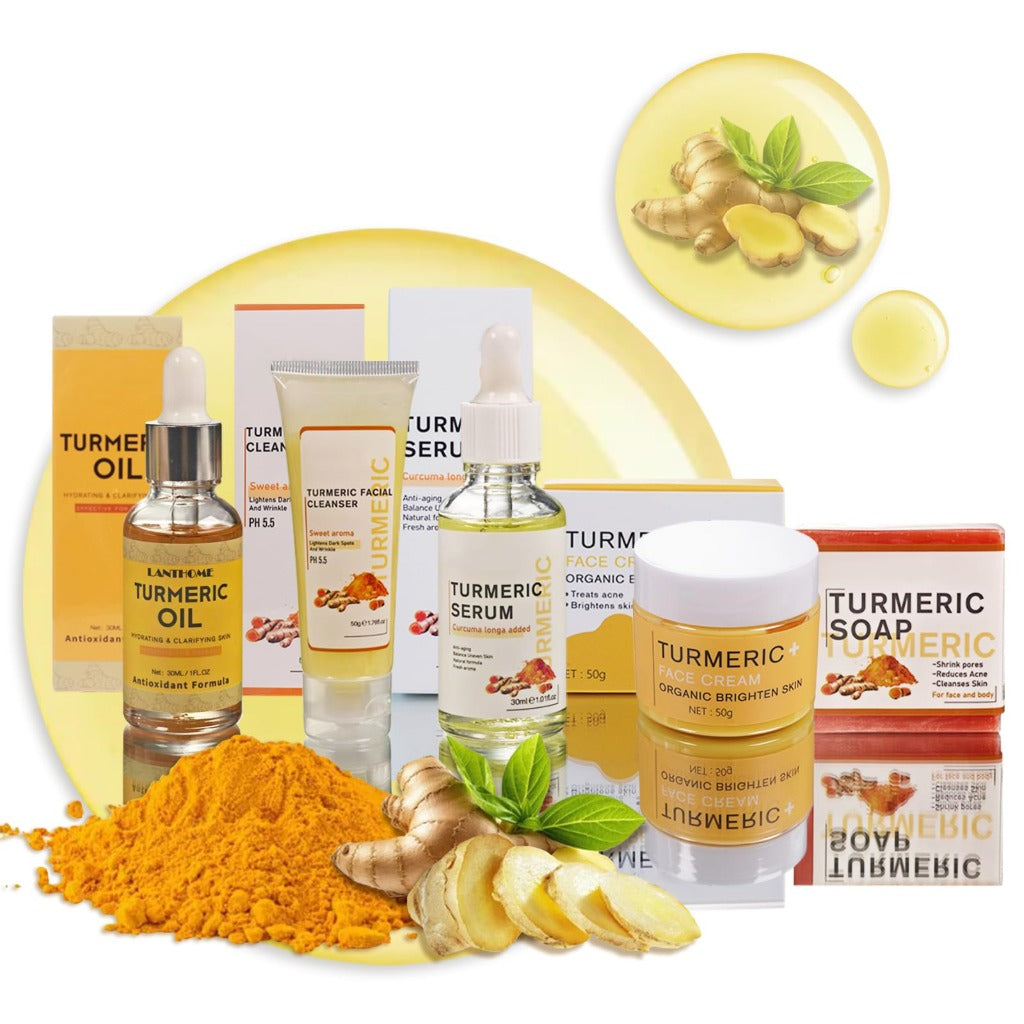 MKNZOME Turmeric Skincare Set - 5 Pcs Facial Kit with Cream, Soap & Oil - Body & Bath Pamper Gifts for Women - Damaged Box