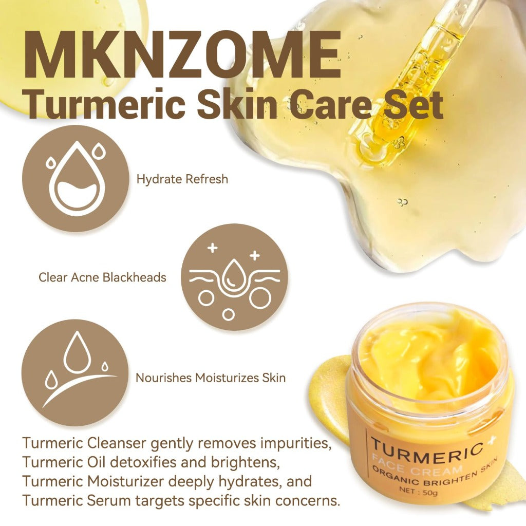 MKNZOME Turmeric Skincare Set - 5 Pcs Facial Kit with Cream, Soap & Oil - Body & Bath Pamper Gifts for Women - Damaged Box