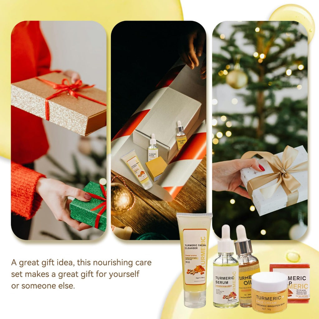 MKNZOME Turmeric Skincare Set - 5 Pcs Facial Kit with Cream, Soap & Oil - Body & Bath Pamper Gifts for Women - Damaged Box