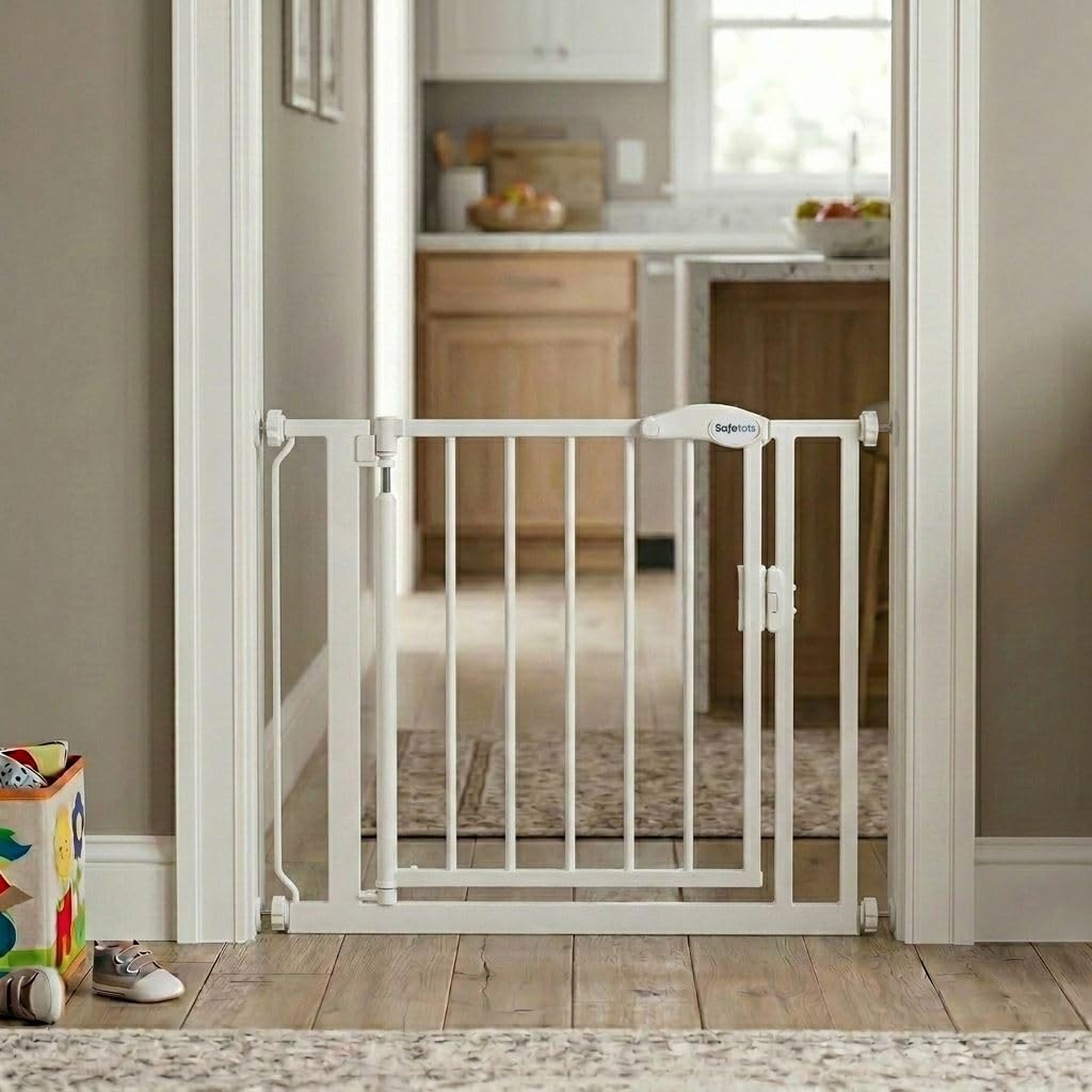 Safetots Pressure Fit Stair Gate - Auto Close Baby Safety Barrier - Narrow 68.5-75cm - White Toddler Pet Gate - New
