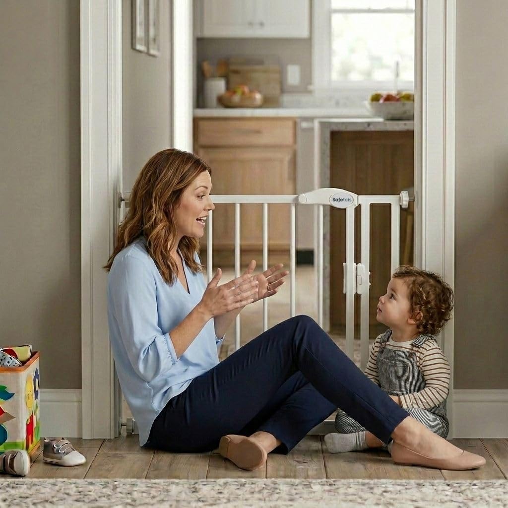 Safetots Pressure Fit Stair Gate - Auto Close Baby Safety Barrier - Narrow 68.5-75cm - White Toddler Pet Gate - New