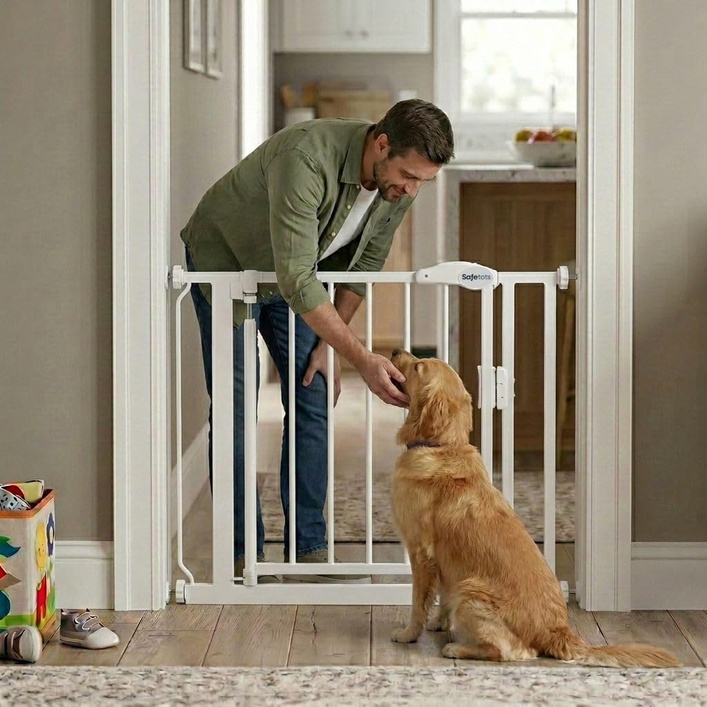 Safetots Pressure Fit Stair Gate - Auto Close Baby Safety Barrier - Narrow 68.5-75cm - White Toddler Pet Gate - New