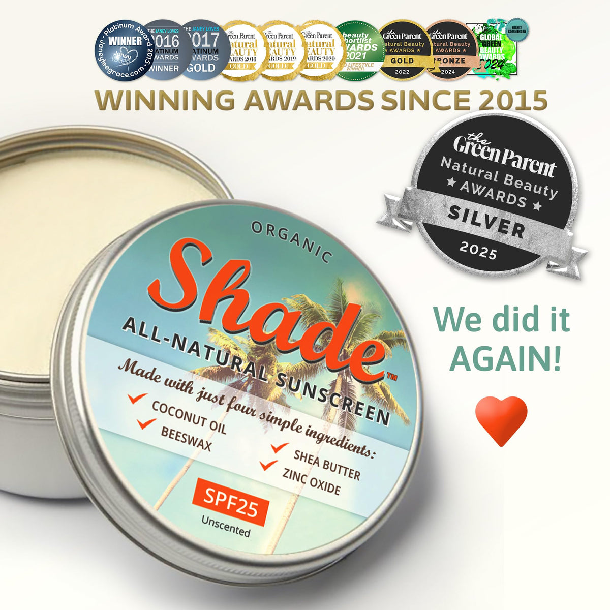 Shade All-Natural Sunscreen SPF25 - Unscented Mineral Face Body Sun Cream - Sensitive Skin Zinc Oxide - 100ml - Damaged Box