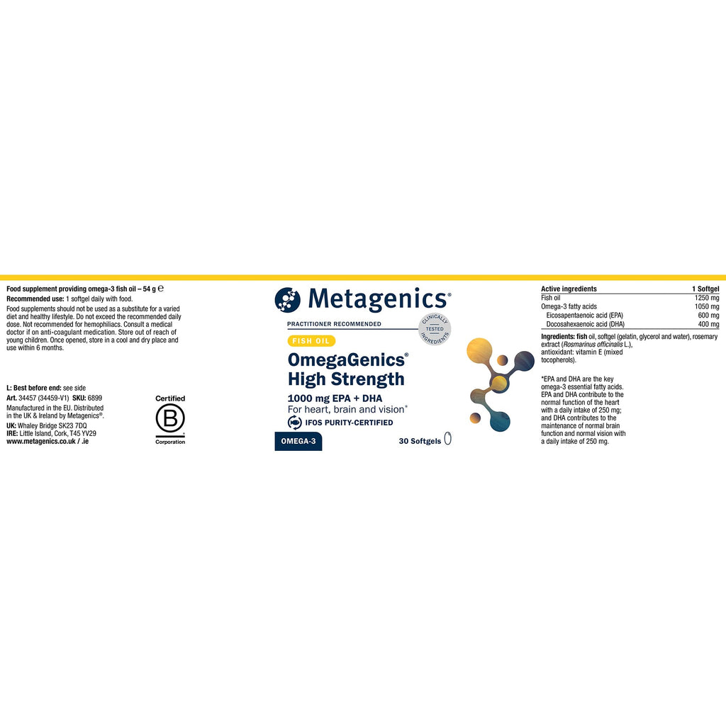 Metagenics OmegaGenics High Strength 1000mg Omega 3 Fish Oil - 30 Capsules Supplement - Damaged Box - BBE 12/2028