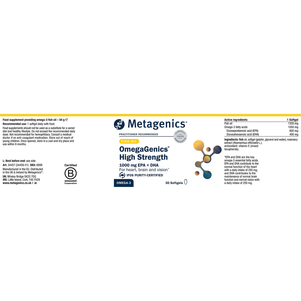 Metagenics OmegaGenics High Strength 1000mg Omega 3 Fish Oil - 30 Capsules Supplement - Damaged Box - BBE 12/2028