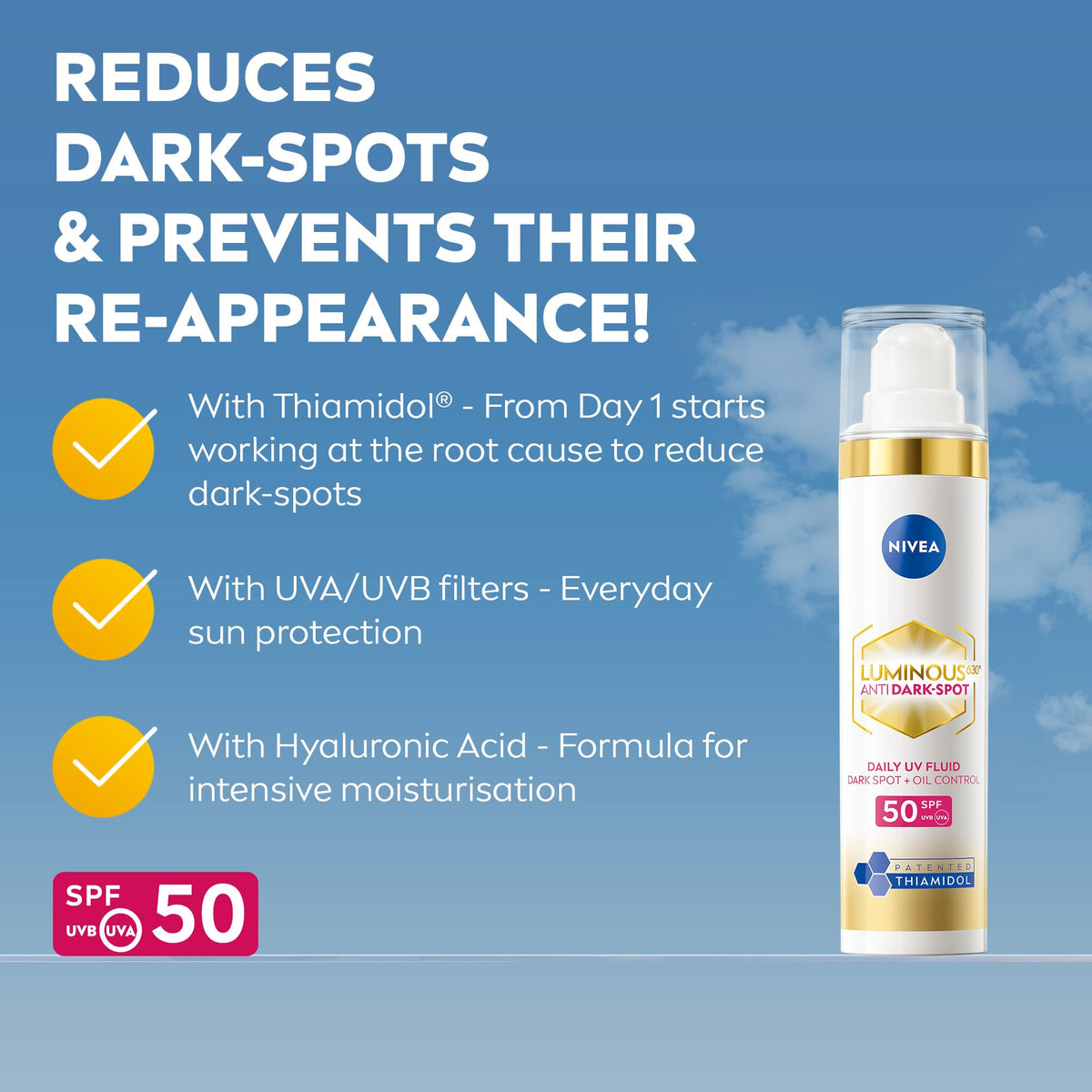 NIVEA Cellular Luminous 630 Anti Dark-Spot Daily UV Fluid SPF 50 - Face Moisturiser 40ml Hyaluronic Acid Vitamin E - Damaged Box