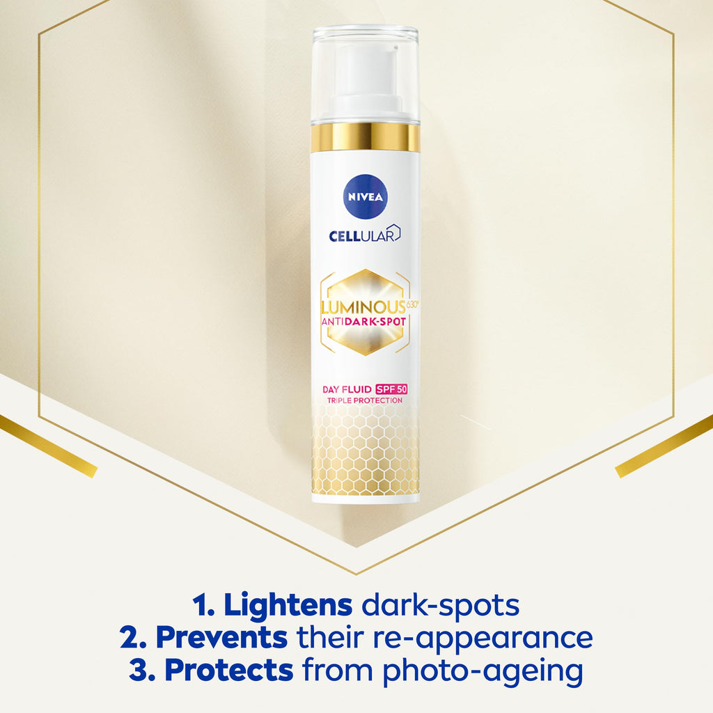 NIVEA Cellular Luminous 630 Anti Dark-Spot Daily UV Fluid SPF 50 - Face Moisturiser 40ml Hyaluronic Acid Vitamin E - Damaged Box