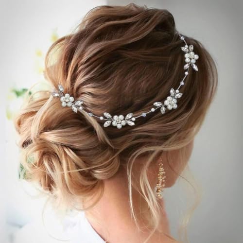 Carufin Crystal Leaf Hair Vine Headband - Pearl Flower Green Silver Bridal Wedding Accessory - New