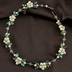 Carufin Crystal Leaf Hair Vine Headband - Pearl Flower Green Silver Bridal Wedding Accessory - New