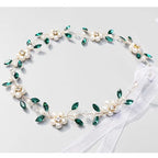 Carufin Crystal Leaf Hair Vine Headband - Pearl Flower Green Silver Bridal Wedding Accessory - New