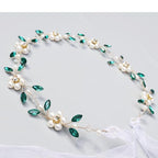 Carufin Crystal Leaf Hair Vine Headband - Pearl Flower Green Silver Bridal Wedding Accessory - New