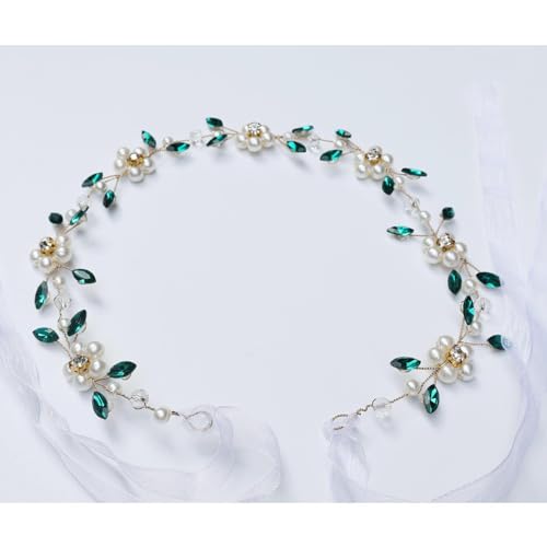 Carufin Crystal Leaf Hair Vine Headband - Pearl Flower Green Silver Bridal Wedding Accessory - New