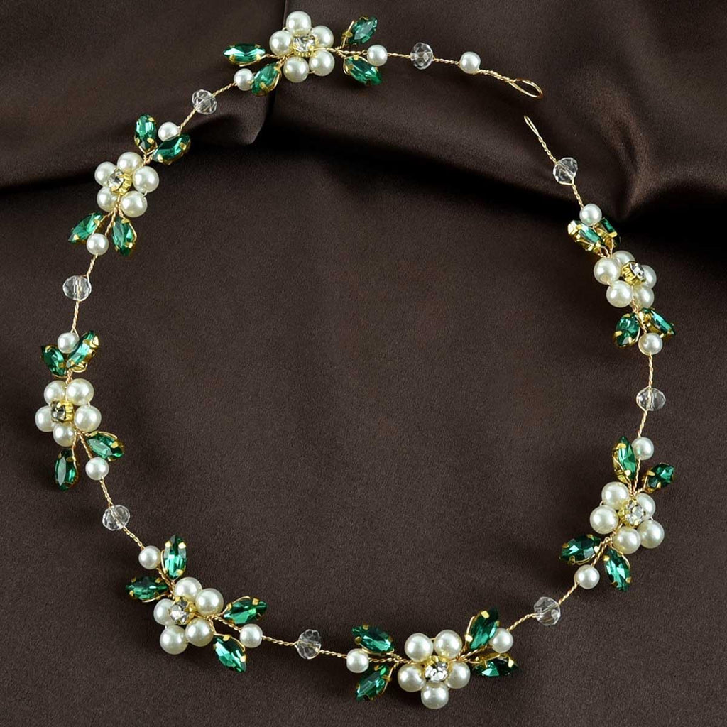 Carufin Crystal Leaf Hair Vine Headband - Pearl Flower Green Silver Bridal Wedding Accessory - New