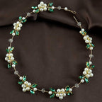 Carufin Crystal Leaf Hair Vine Headband - Pearl Flower Green Silver Bridal Wedding Accessory - New