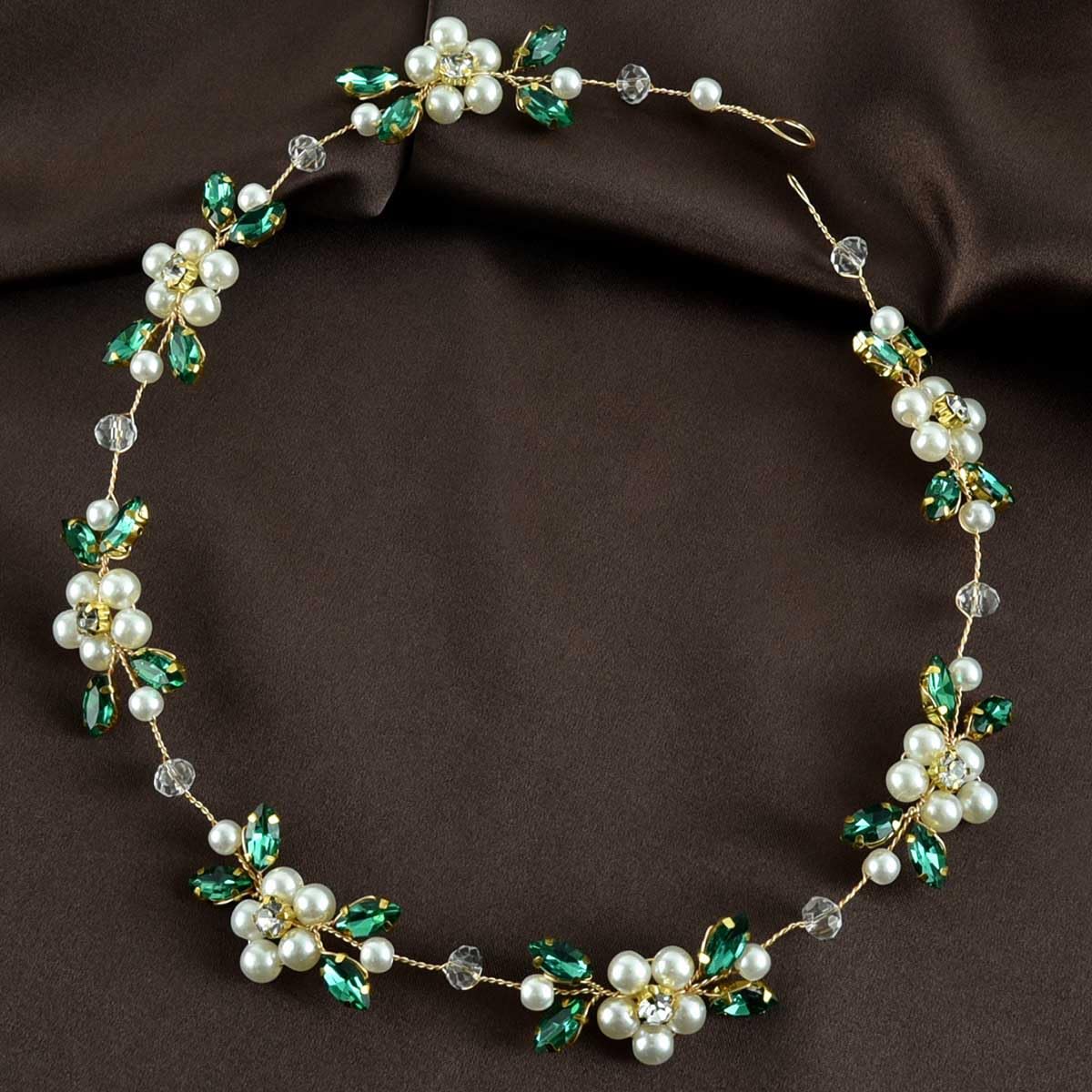 Carufin Crystal Leaf Hair Vine Headband - Pearl Flower Green Silver Bridal Wedding Accessory - New
