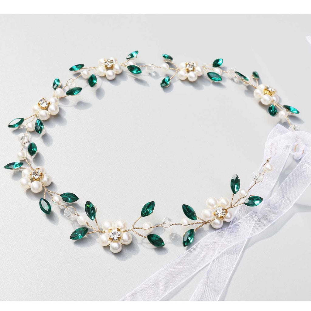Carufin Crystal Leaf Hair Vine Headband - Pearl Flower Green Silver Bridal Wedding Accessory - New