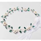 Carufin Crystal Leaf Hair Vine Headband - Pearl Flower Green Silver Bridal Wedding Accessory - New