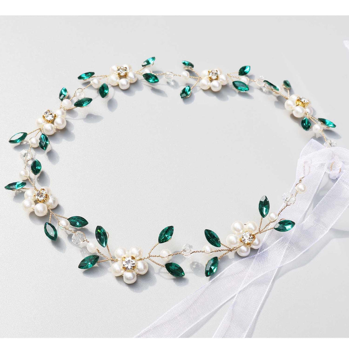 Carufin Crystal Leaf Hair Vine Headband - Pearl Flower Green Silver Bridal Wedding Accessory - New