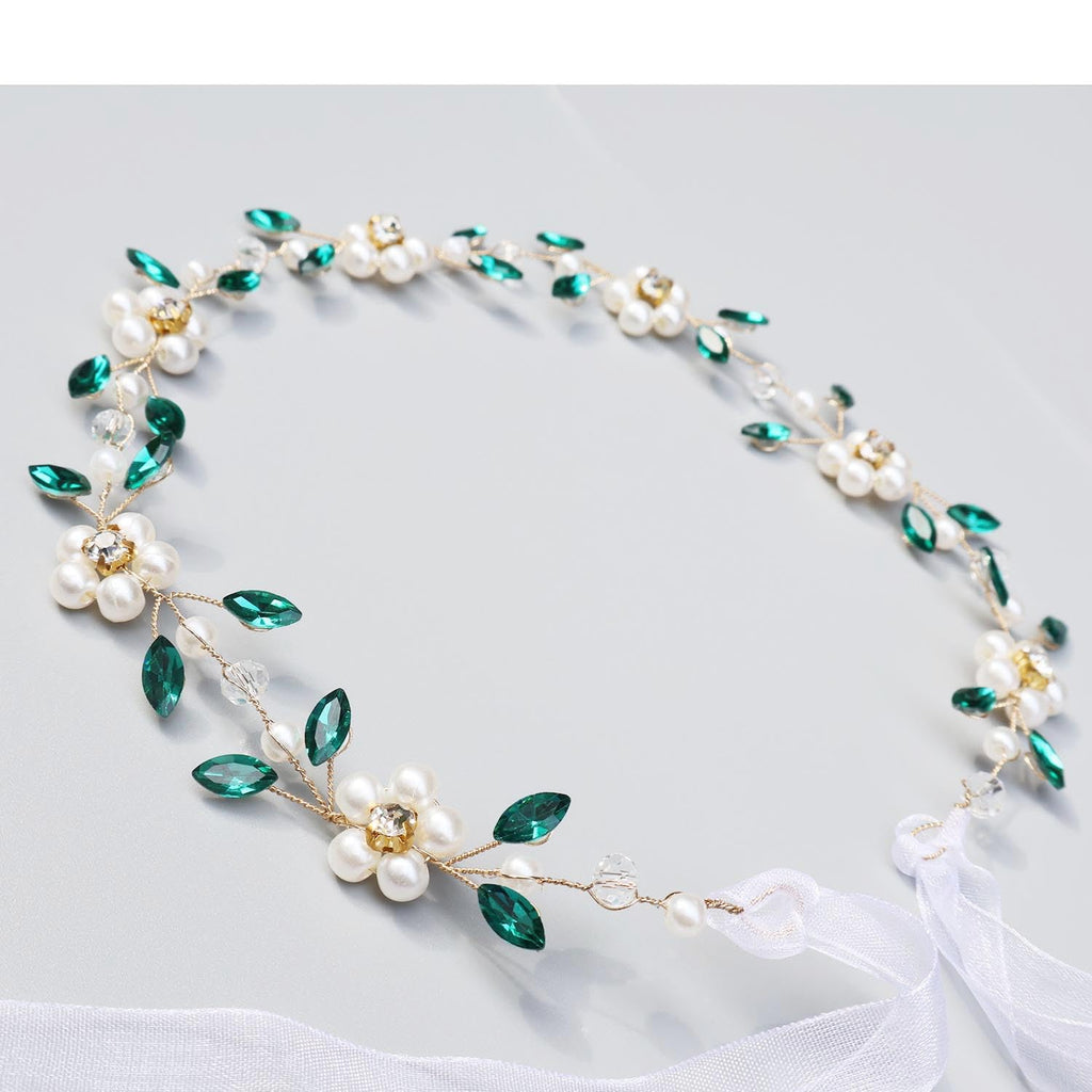 Carufin Crystal Leaf Hair Vine Headband - Pearl Flower Green Silver Bridal Wedding Accessory - New