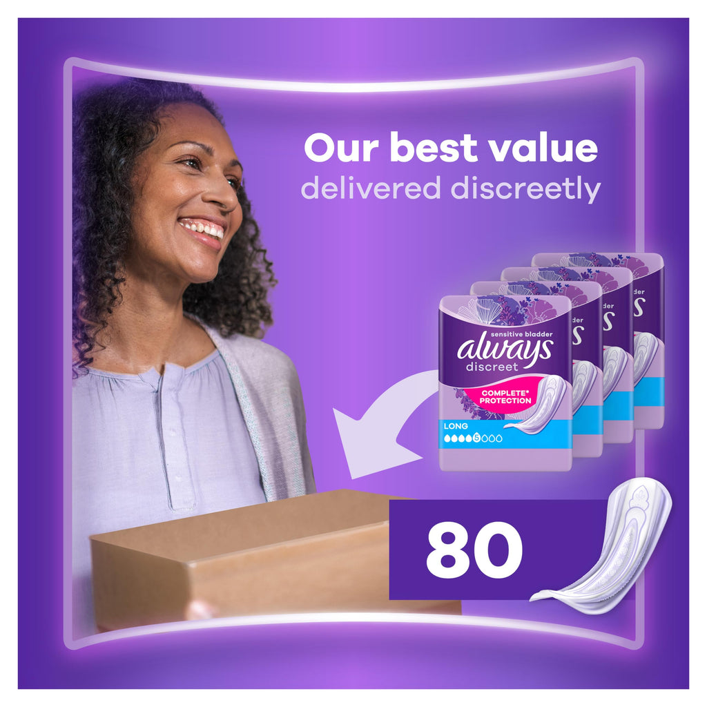 Always Discreet Incontinence Pads Long - 80 Count - Discreet Absorbency Bladder Control - Damaged Box