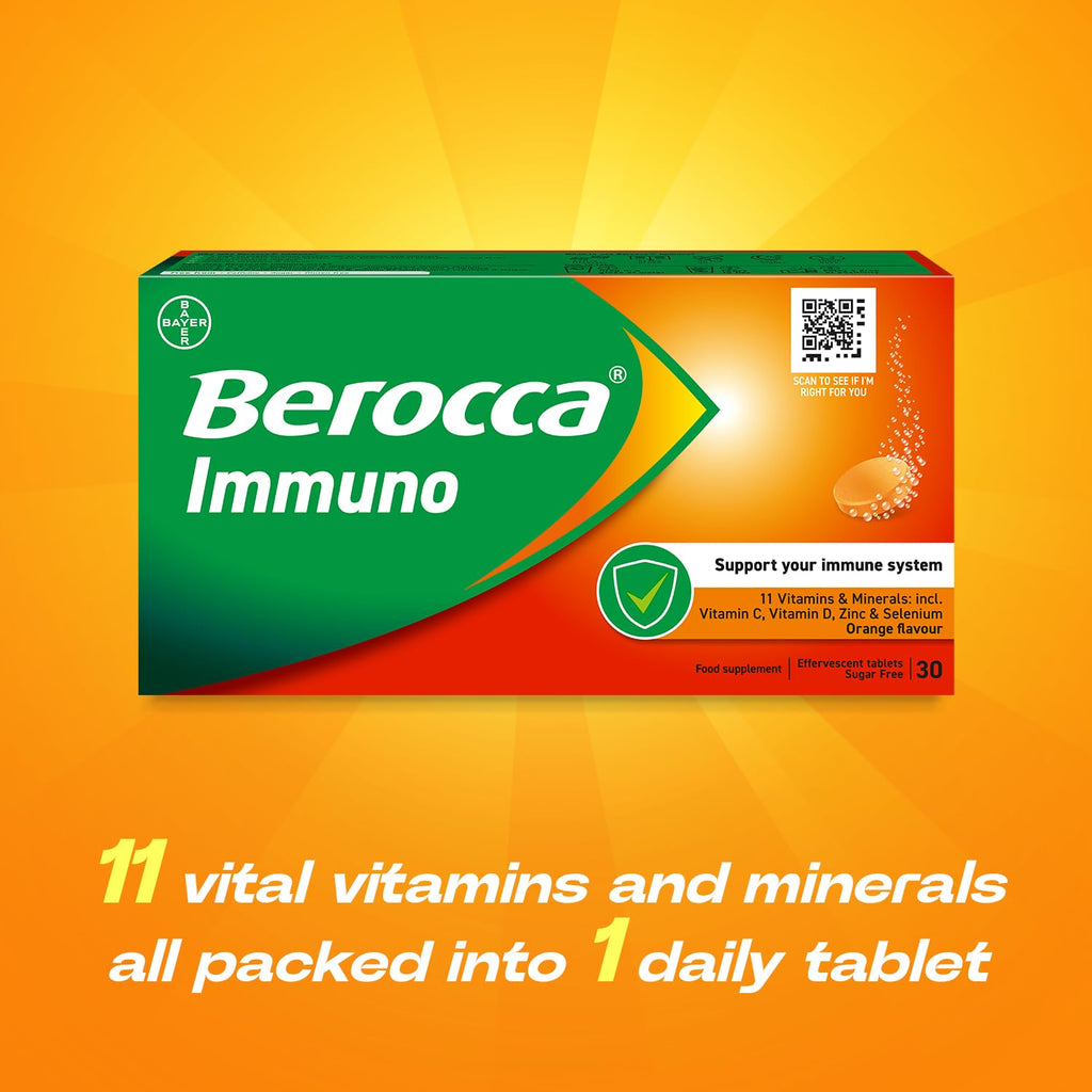 Berocca Immuno Effervescent Tablets - 30 Count - 11 Vitamins & Minerals - Immune Support Supplement - Damaged Box - BBE 07/2027