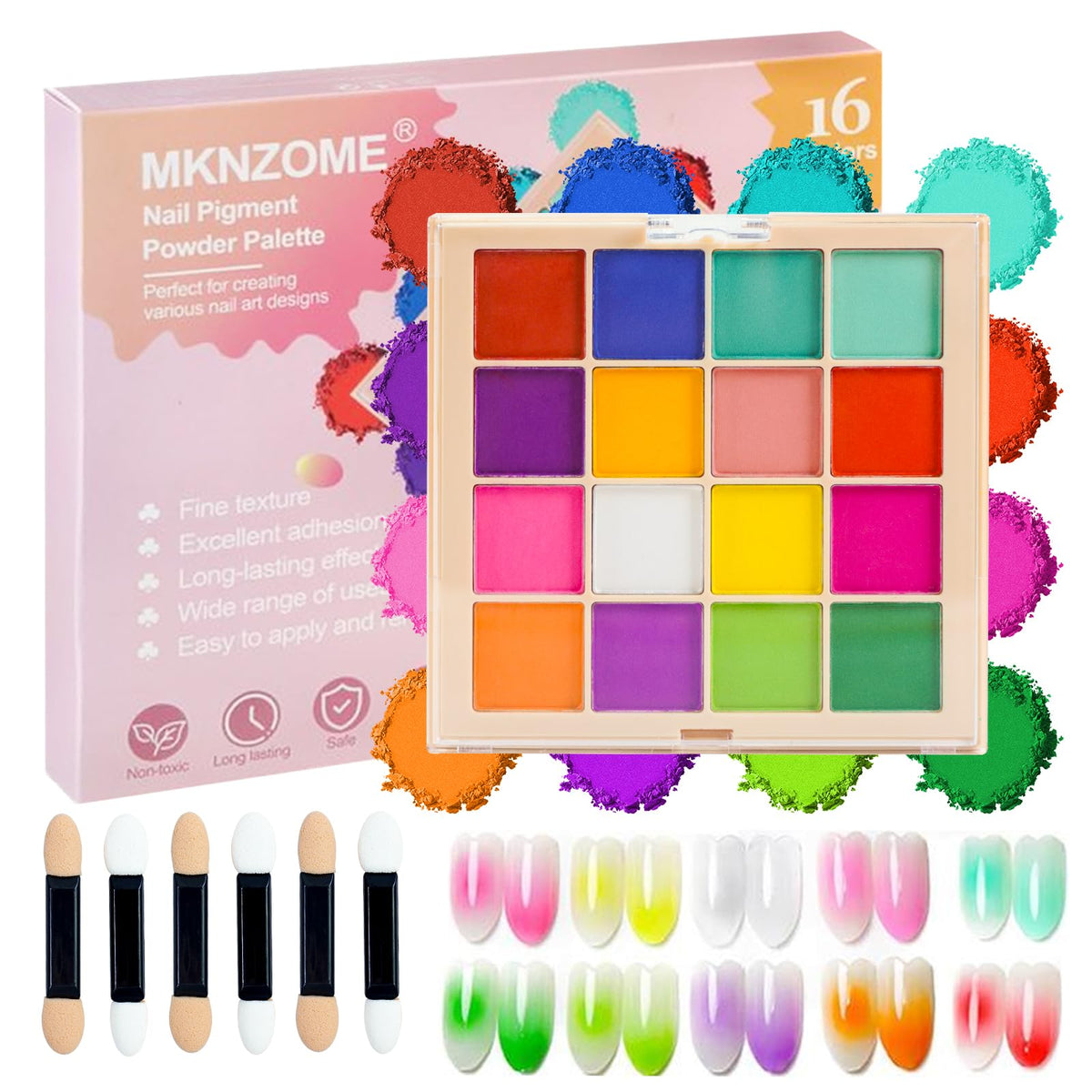MKNZOME 16 Colours Nail Pigment Powder Chrome Art Palette - Pink Yellow White Design Salon Home Use - Damaged Box