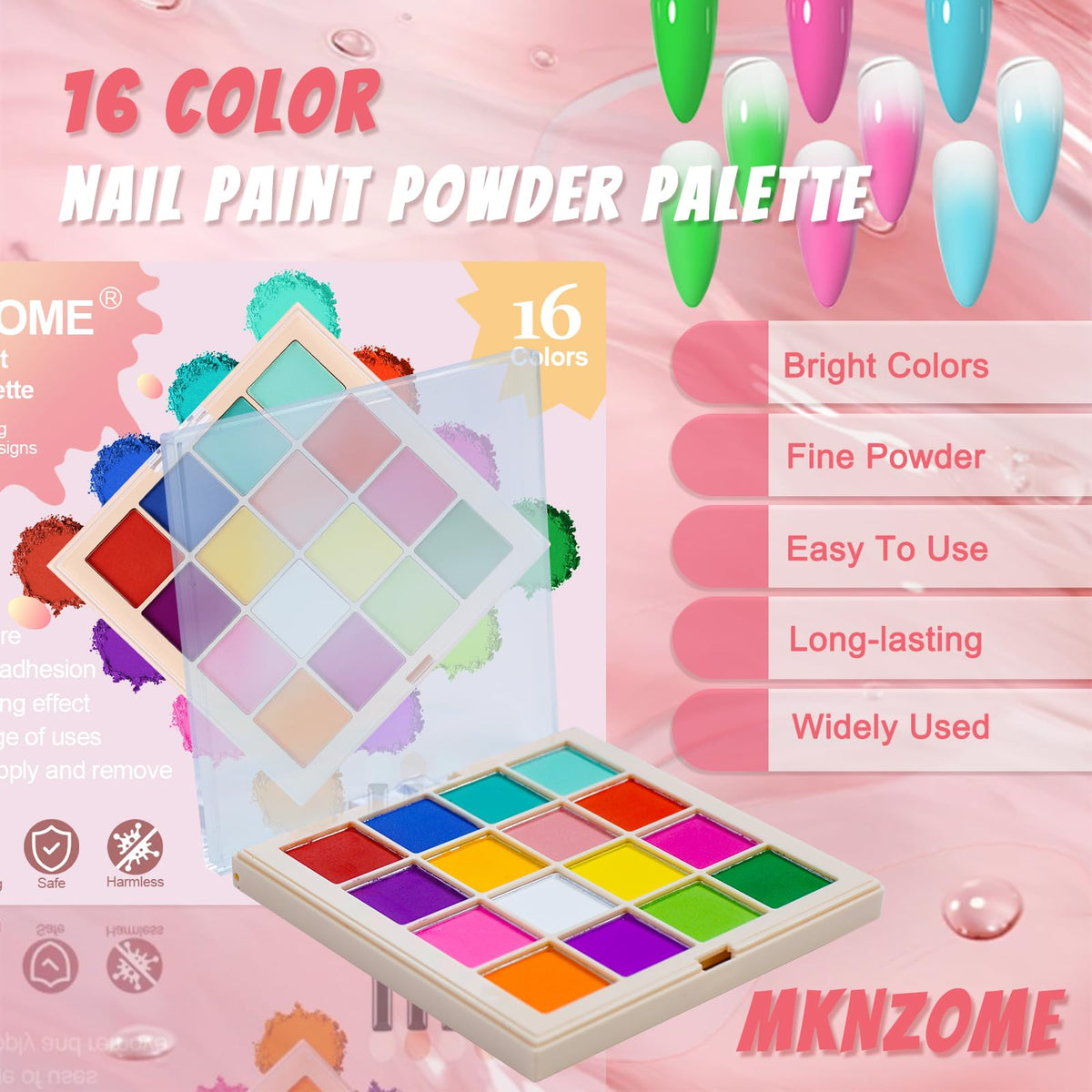 MKNZOME 16 Colours Nail Pigment Powder Chrome Art Palette - Pink Yellow White Design Salon Home Use - Damaged Box
