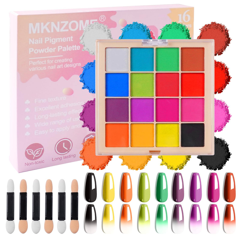 MKNZOME 16 Colours Nail Pigment Powder Chrome Art Palette - Pink Yellow White Design Salon Home Use - Damaged Box