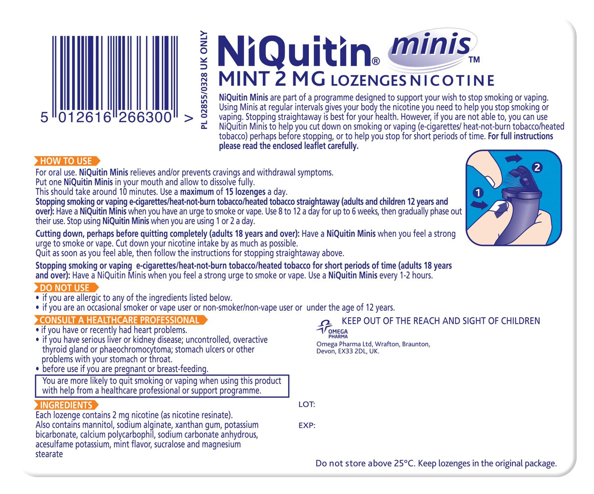 NiQuitin Minis Mint 2mg Lozenges - 60 Lozenges (Pack of 3) - Nicotine Craving Relief Quit Smoking Aid - New - BBE 12/2027