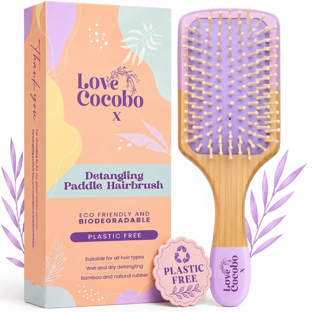 Love Cocobo Bamboo Hair Brush - Plastic Free Eco Detangling Paddle Brush for Wet & Dry Hair - Wavy Curly Straight Locks - Damaged Box