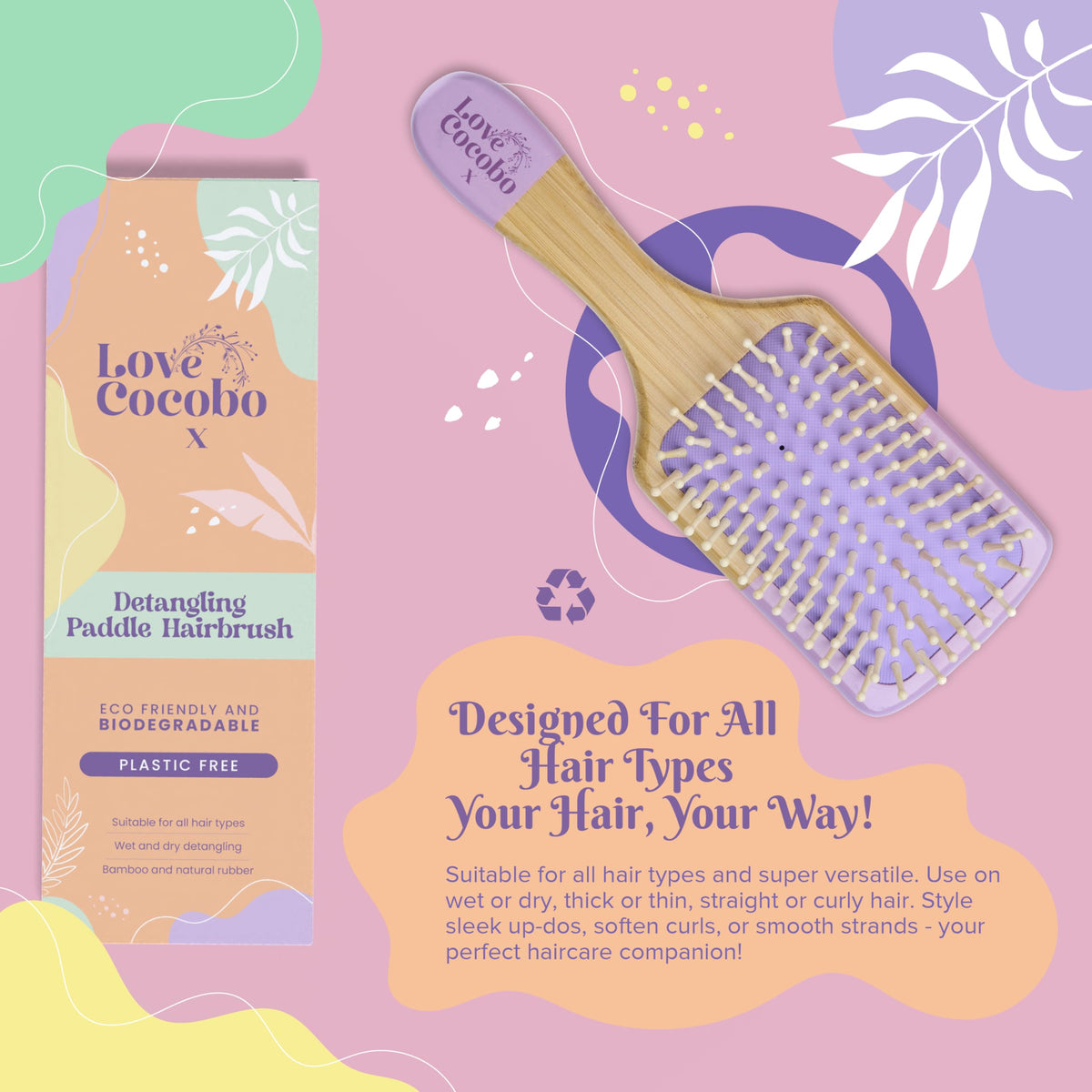 Love Cocobo Bamboo Hair Brush - Plastic Free Eco Detangling Paddle Brush for Wet & Dry Hair - Wavy Curly Straight Locks - Damaged Box