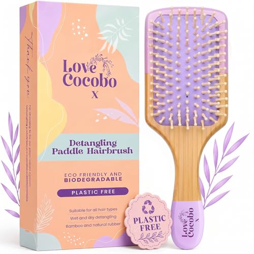 Love Cocobo Bamboo Hair Brush - Plastic Free Eco Detangling Paddle Brush for Wet & Dry Hair - Wavy Curly Straight Locks - Damaged Box