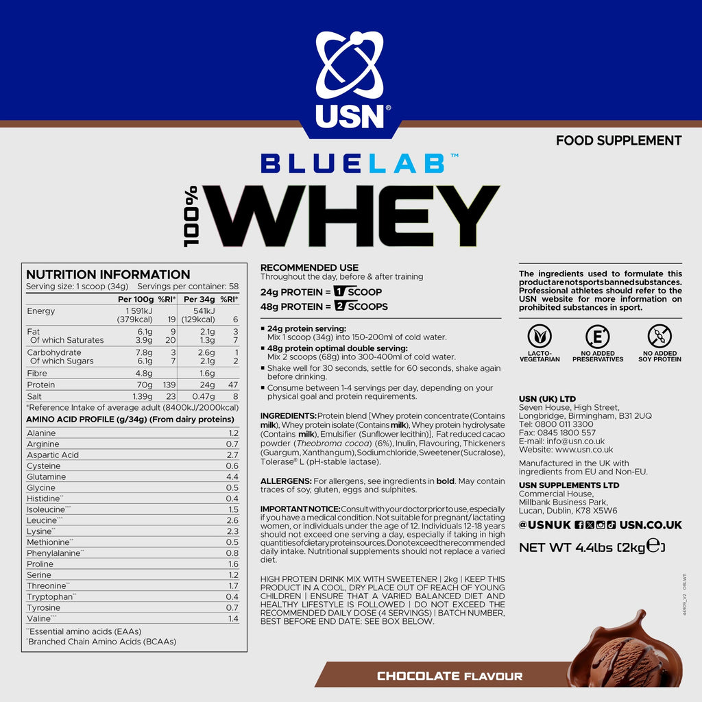 USN BlueLab 100% Whey Protein Powder Chocolate 2kg - 58 Servings - Muscle Growth & Recovery Supplement Shake - New - BBE 05/2028