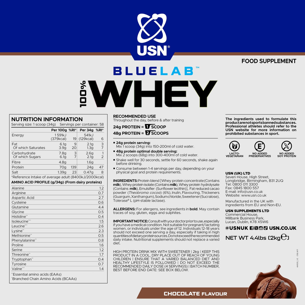 USN BlueLab 100% Whey Protein Powder Chocolate 2kg - 58 Servings - Muscle Growth & Recovery Supplement Shake - New - BBE 05/2028