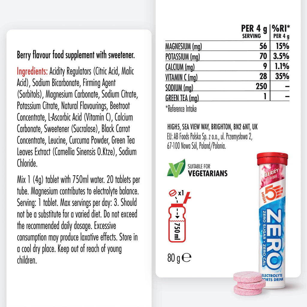 HIGH5 ZERO Electrolyte Tablets - Berry Flavour - 160 Hydration Tablets - Sugar Free Sports Drink Tabs - Damaged Box - BBE 06/2028
