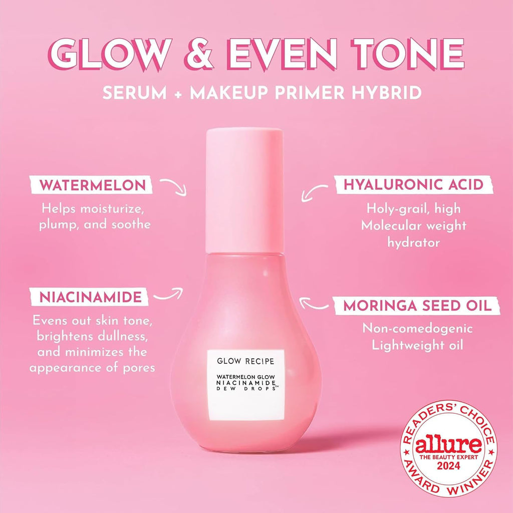Glow Recipe Watermelon Glow Niacinamide Dew Drops Serum - Hydrating Face Primer & Liquid Highlighter with Hyaluronic Acid - 40ml - Damaged Box