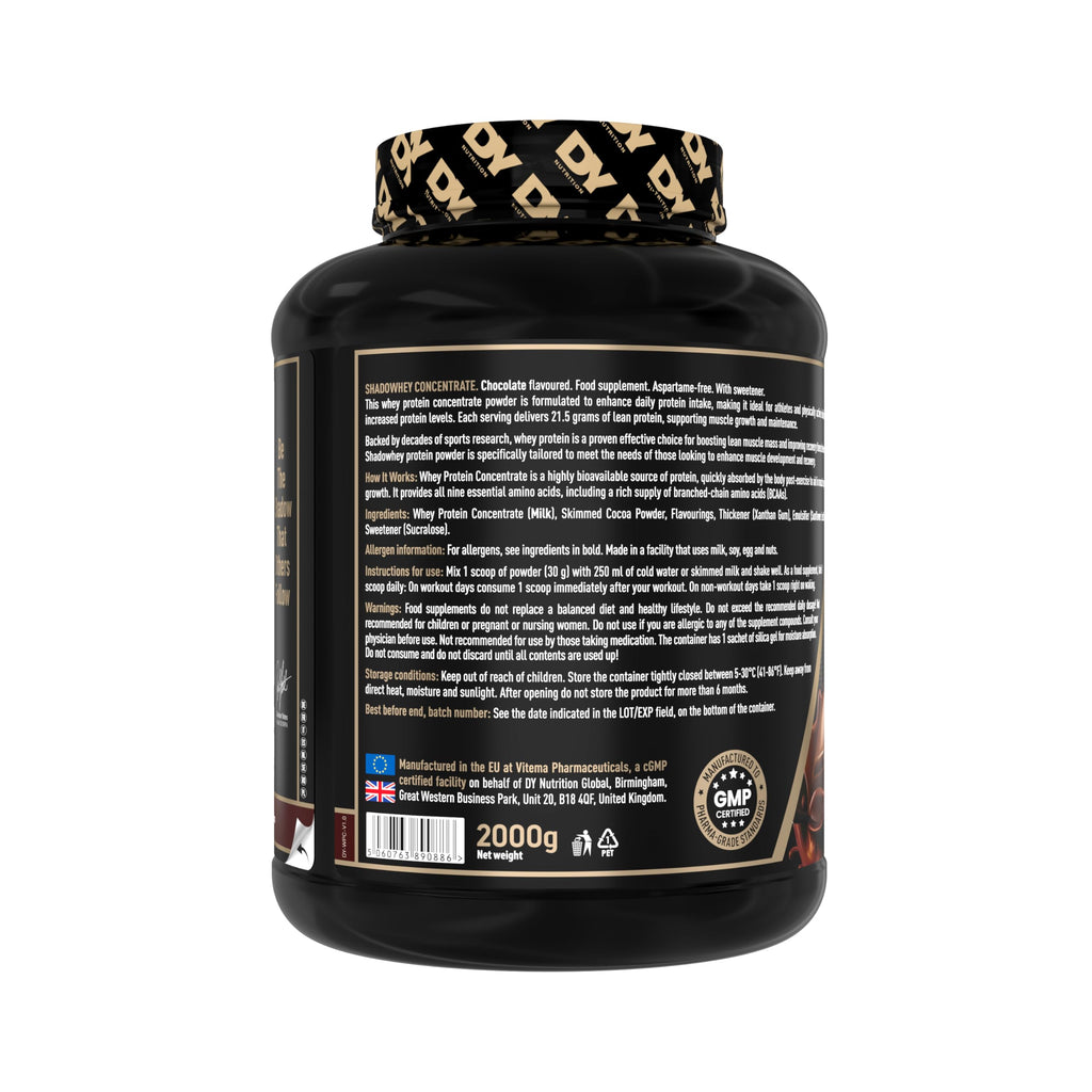 DY Nutrition Shadowhey Whey Protein Concentrate Powder 2kg Chocolate - 23g Protein, 66 Servings, Grass-Fed BCAA Formula - New - BBE 04/2029
