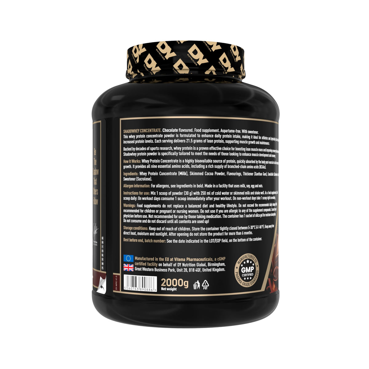 DY Nutrition Shadowhey Whey Protein Concentrate Powder 2kg Chocolate - 23g Protein, 66 Servings, Grass-Fed BCAA Formula - New - BBE 04/2029