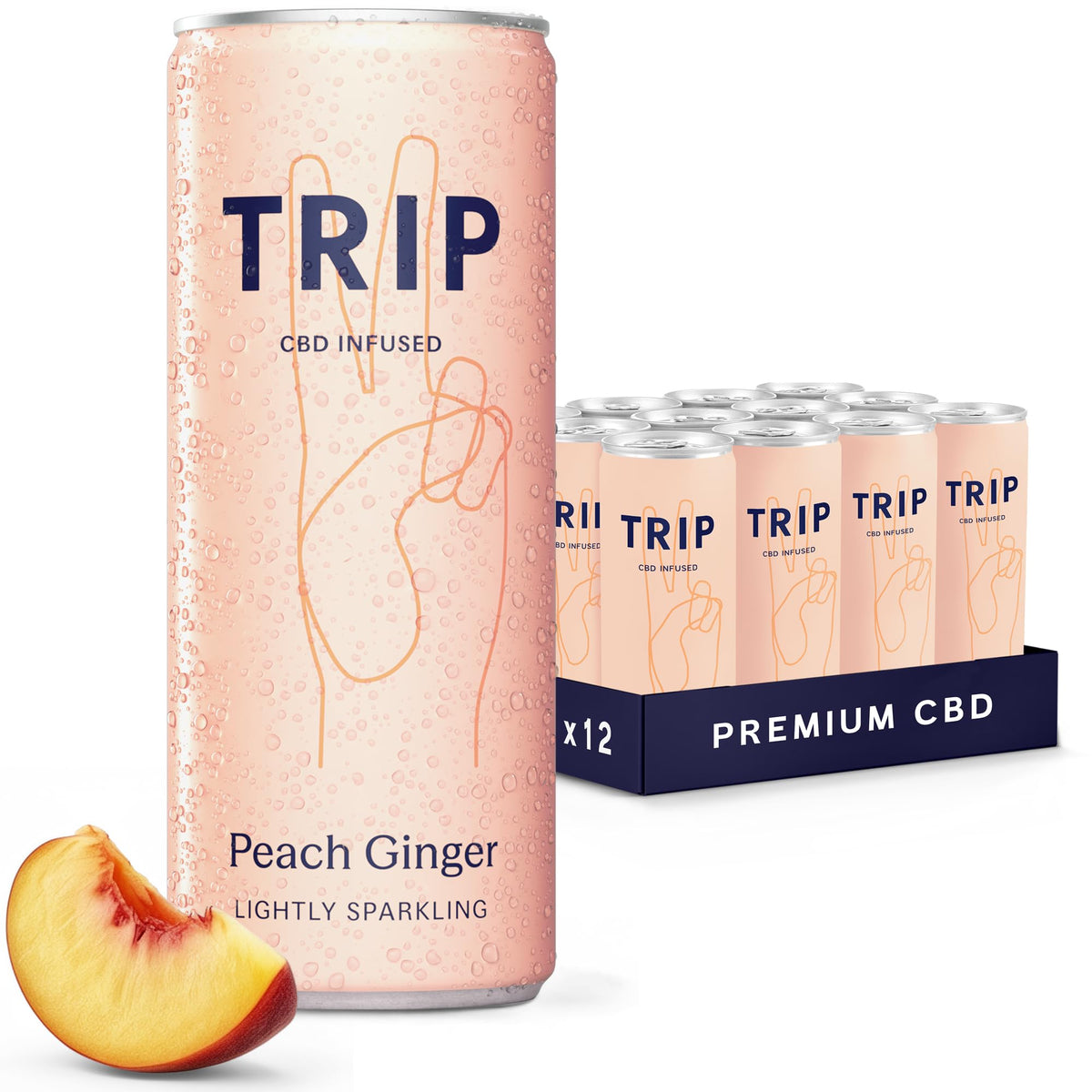 TRIP Sparkling Drink - Low Calorie Vegan Peach Ginger - 12 Pack CBD Infused Beverage - New - BBE 07/2028