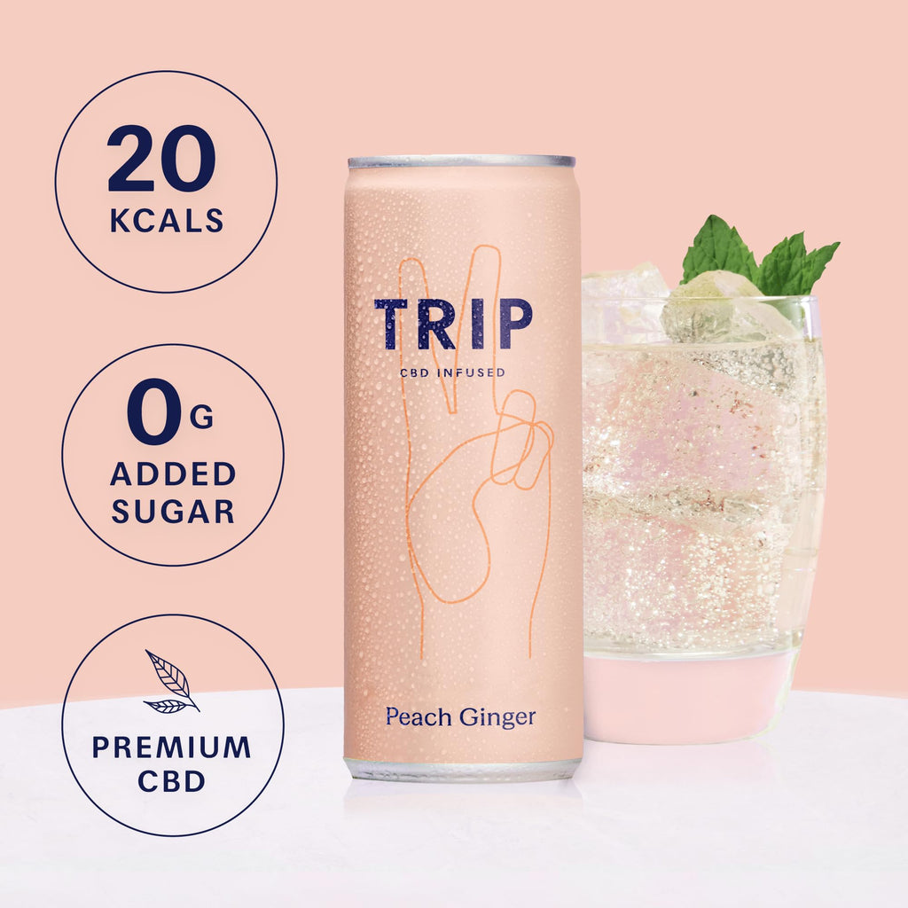 TRIP Sparkling Drink - Low Calorie Vegan Peach Ginger - 12 Pack CBD Infused Beverage - New - BBE 07/2028