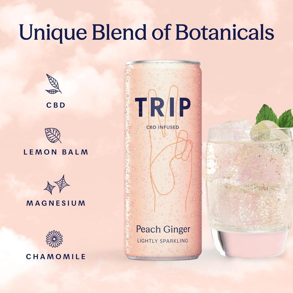 TRIP Sparkling Drink - Low Calorie Vegan Peach Ginger - 12 Pack CBD Infused Beverage - New - BBE 07/2028