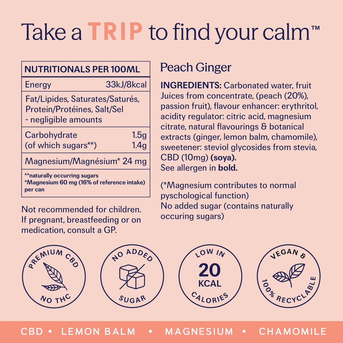 TRIP Sparkling Drink - Low Calorie Vegan Peach Ginger - 12 Pack CBD Infused Beverage - New - BBE 07/2028