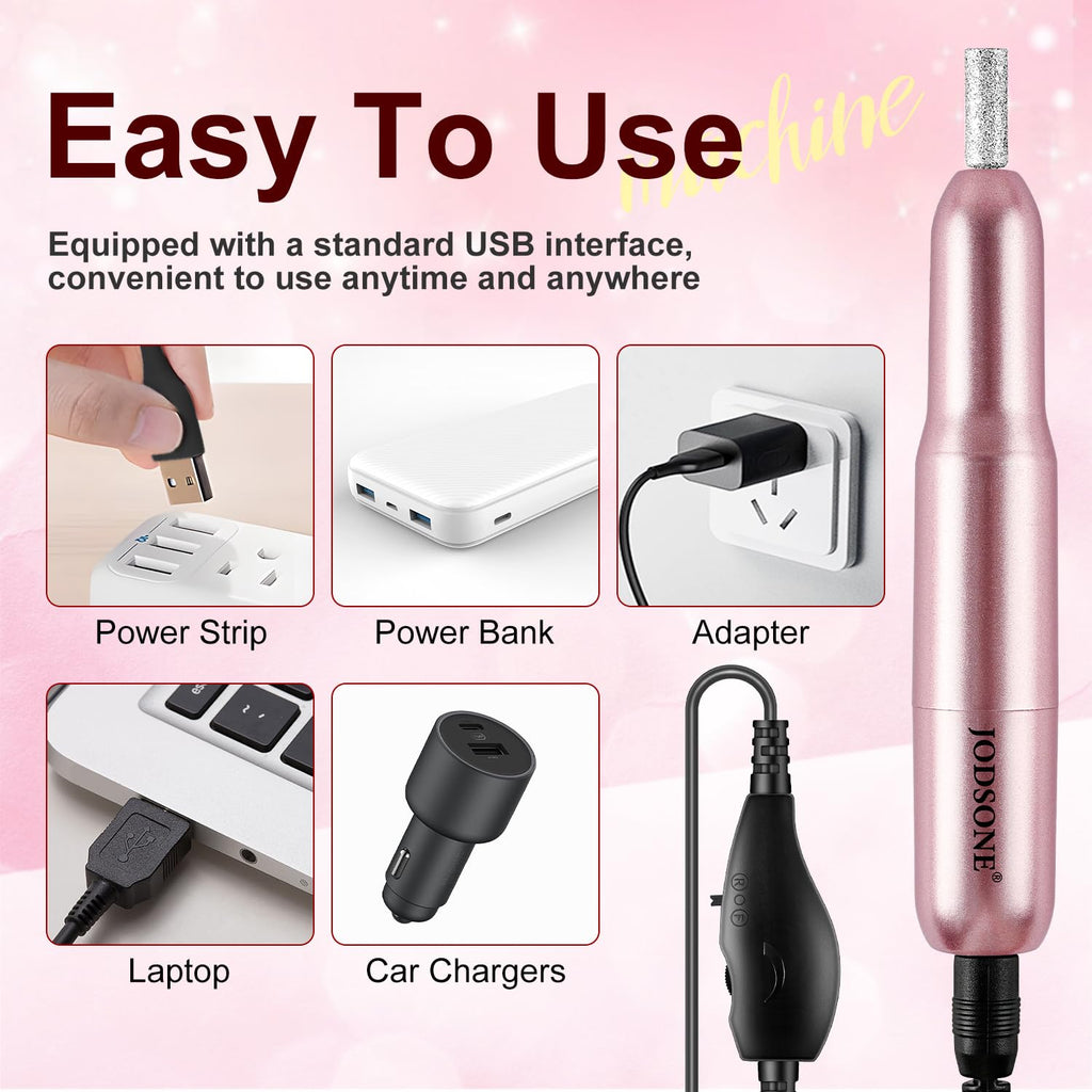 JODSONE DF102 USB Nail Drill Machine - 14000RPM Electric E-File for Acrylic Gel Nails - Pink Portable Manicure Pedicure Set - Damaged Box